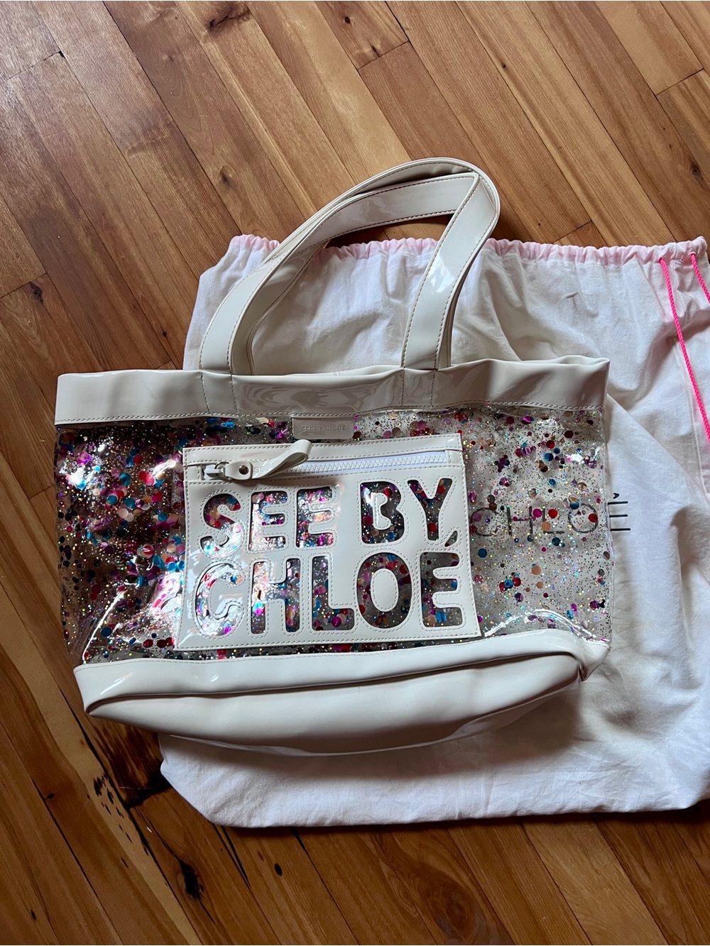 Vintage See By Chloe White Clear Glitter Tote